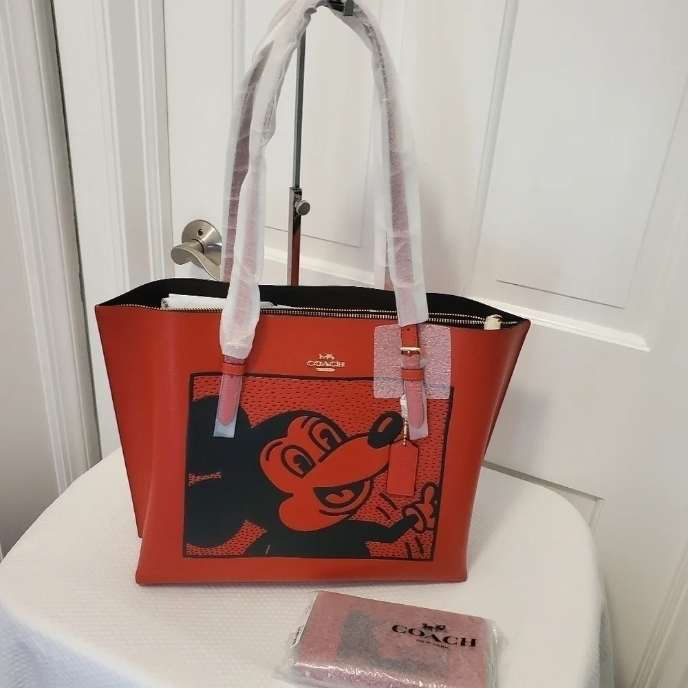 NWT Coach Disney Mickey Mouse X Keith Haring Leather Mollie Tote & Wallet Set